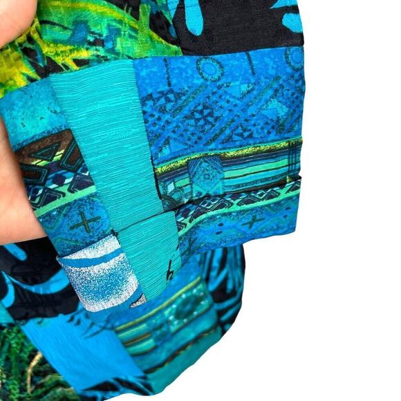 Chico's Oriental Art-to-Wear Patchwork Silk Linen Blazer Jacket Turquoise SZ 4 - Picture 8 of 15